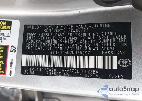 2022 Toyota Camry Se from USA, damaged, VIN 4T1G11AK7NU708971